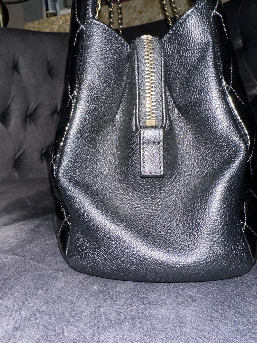 CHANEL Salzburg Quilted Patent Leather Shoulder Bag with Gold Chain Hardware